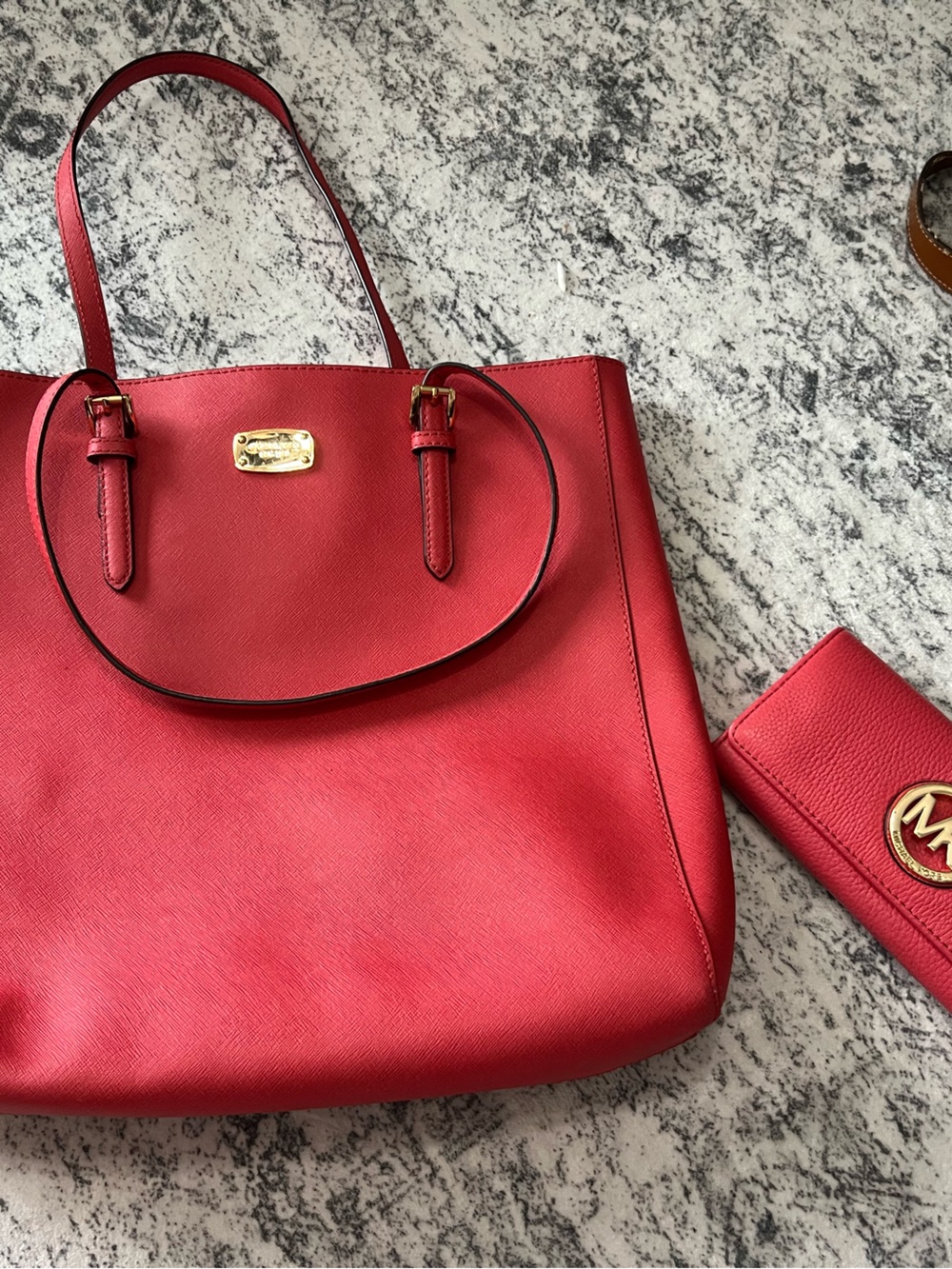 Michael Kors Red Pebbled Leather Tote with Matching Wallet